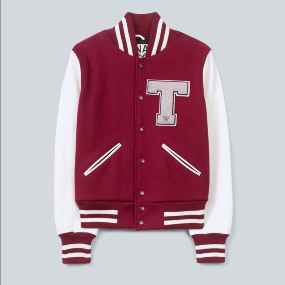 TNA Spee maroon Varsity Leather Bomber Jacket XS in wool and leather